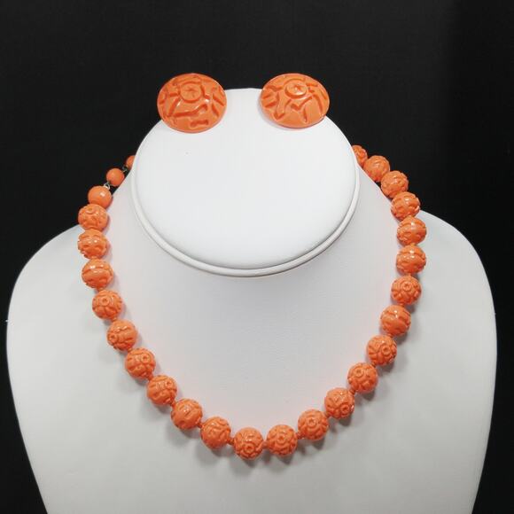 Vintage Orange Molded Beads Necklace & Earrings, Lucite, 1950s - Picture 1 of 10